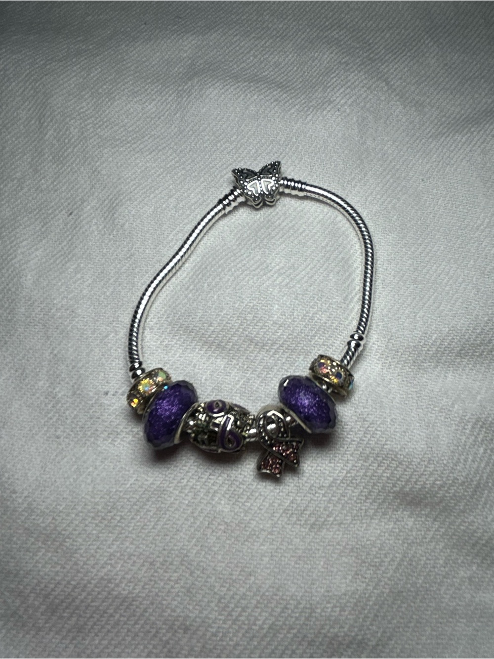 Pandora Silver Snake Chain Bracelet with Butterfly Clasp with charms